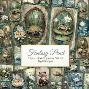 Puede incluir: Una colección de imágenes digitales titulada Fantasy Pond, que incluye 22 piezas en formato de 11x8.5 pulgadas a 300 dpi. Las ilustraciones muestran escenas de estanques con ranas, tortugas, garzas, cisnes, hadas y nenúfares blancos en marcos.