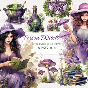 Poison Witch Wicca Witchcraft Mushroom Watercolor Clipart PNG Bundle. AI Illustration. Instant Download Commercial Use. Scrapbook. Journal