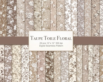 May include: A set of 29 digital seamless patterns featuring a taupe toile floral design. Each pattern is 12 inches by 12 inches and 300 dpi.