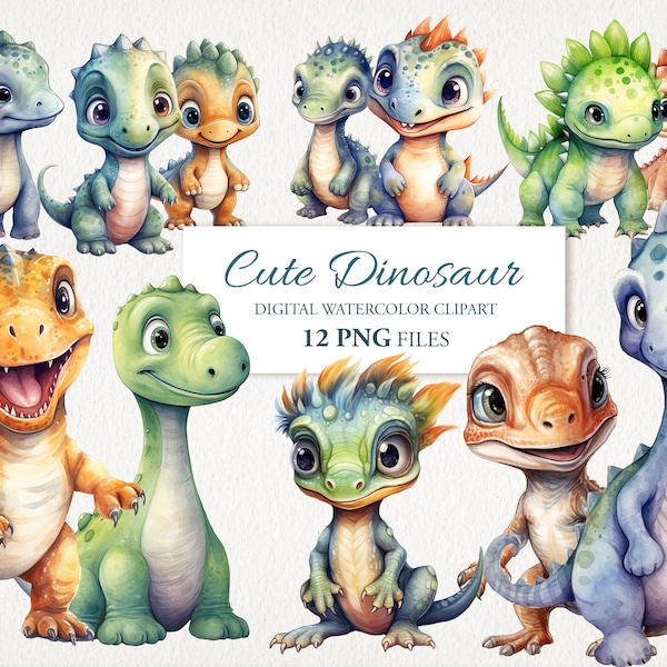 Cute Baby Dino Dinosaur Character Watercolor Clipart PNG Bundle Children Nursery Art. AI Illustration. Instant Download for Commercial Use