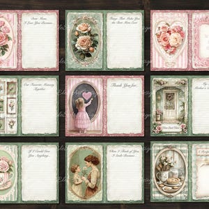 May include: A set of 12 printable Mother's Day cards with floral and vintage designs. Each card has a different message, such as "Dear Mom, I love you because..." and "My Special Mother's Day Message".