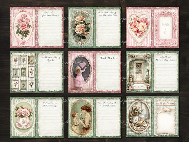 May include: A set of 12 printable Mother's Day cards with floral and vintage designs. Each card has a different message, such as "Dear Mom, I love you because..." and "My Special Mother's Day Message".