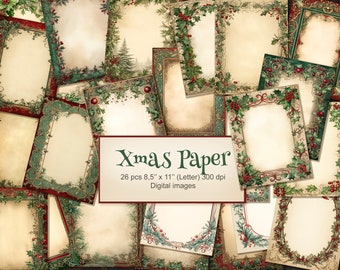 Peut inclure: Un ensemble de 26 papiers numériques sur le thème de Noël. Chaque papier a une bordure de style vintage avec du houx, des baies et des accents dorés. Les papiers mesurent 21,6 cm x 27,9 cm et 300 dpi.