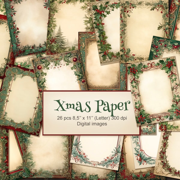 Vintage Weihnachten Julschrift Handschrift Papier Winter gerahmte Seiten. Digital druckbare Sofort-Download kommerzielle Nutzung. 26PACK