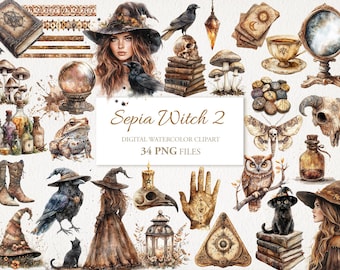 Sepia Witch Witchcraft Watercolor Wiccan Clipart PNG Bundle. AI Illustration. Instant Download Commercial Use. Scrapbook Journal. 34 PACK