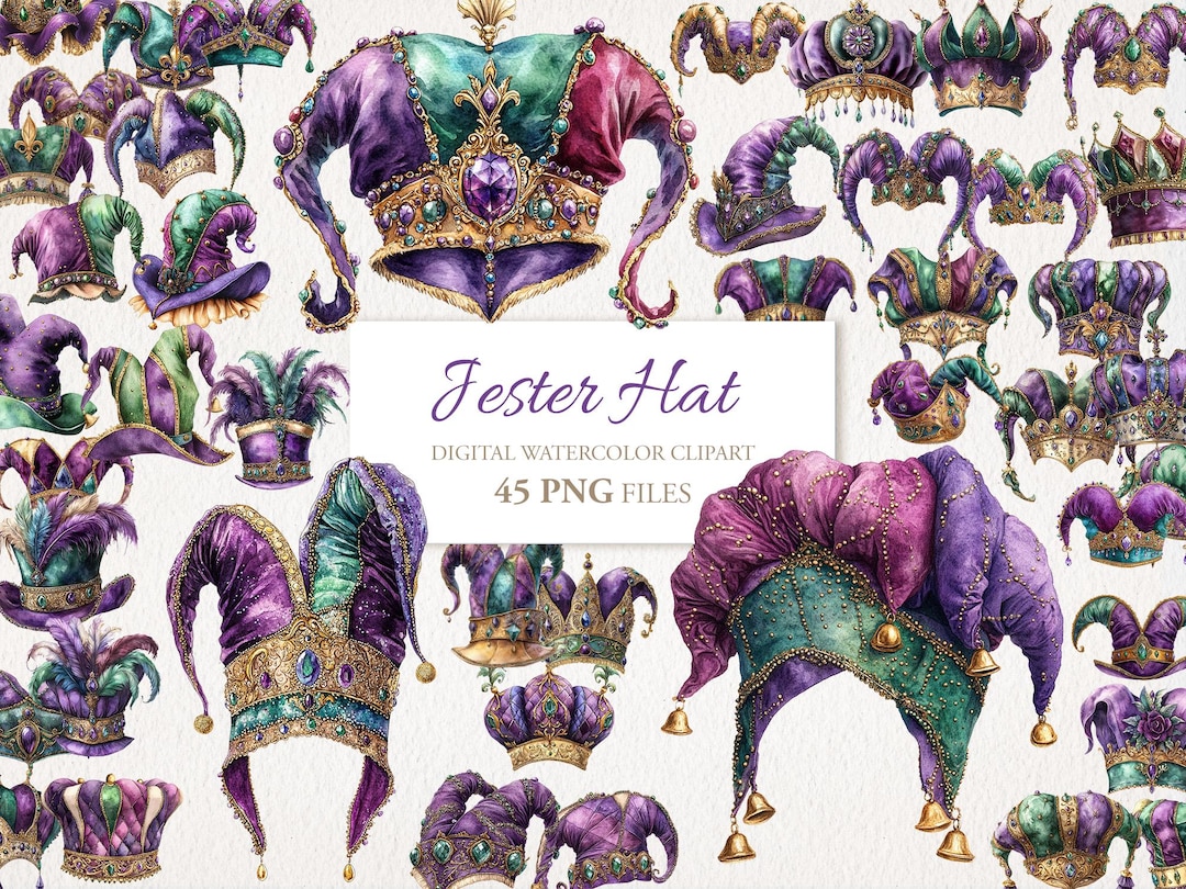 Jester Hat Watercolor Clipart. Mardi Gras Carnival Bundle. Commercial ...