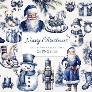 Vintage Navy Navidad Invierno Acuarela Clipart PNG Paquete AI Ilustración. Descarga instantánea para uso comercial. Diario basura