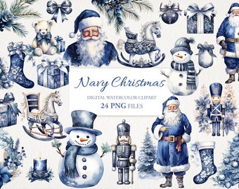 Vintage Navy Christmas Winter Watercolor Clipart PNG Bundle AI Illustration. Instant Download for Commercial Use. Junk Journal Scrapbooking