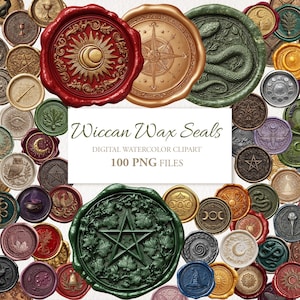 Puede incluir: Una colección de sellos de cera Wicca coloridos con varios diseños, incluyendo un sol y una luna, una brújula, una serpiente y un pentagrama. La imagen incluye el texto "Wiccan Wax Seals" y "100 PNG FILES".