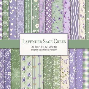May include: A collection of 26 digital seamless patterns in shades of lavender and sage green. The patterns include floral, plaid, and geometric designs. The text on the image reads "Lavender Sage Green" and "26 pcs 12"x 12" 300 dpi Digital Seamless Pattern."
