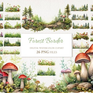 Ensemble de 26 cliparts PNG aquarelle bordure de forêt. Illustration IA de champignons floraux. Utilisation commerciale en téléchargement numérique. Carte journal de scrapbooking