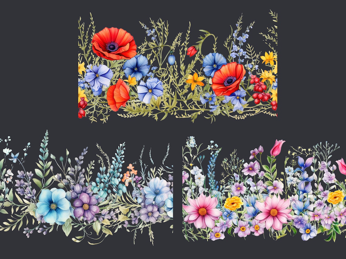 Seamless Floral Border Watercolor Clipart Bundle. Wildflowers AI ...