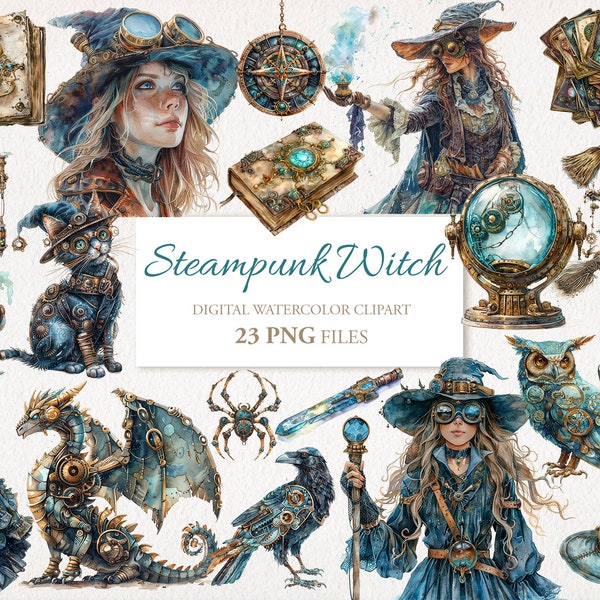 Steampunk Witch Witchcraft Watercolor Clipart PNG Bundle. AI Illustration. Instant Download Commercial Use. Scrapbook Junk Journal. 23 PACK.