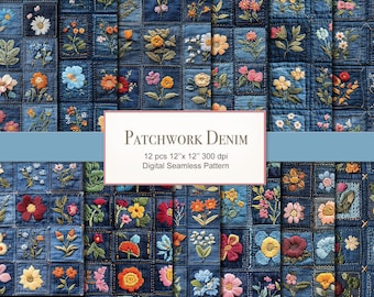 Patchwork jeans denim naadloze patroon papier pagina's. Commercieel gebruik. Knutselen, plakboek, stof, rommeldagboek. PAK VAN 12