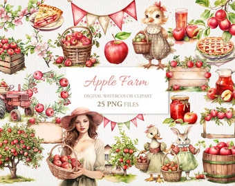 Puede incluir: Conjunto de imágenes prediseñadas digitales en acuarela con el tema "Granja de manzanas". La imagen incluye ilustraciones de manzanas, tarta de manzana, un tractor, una mujer con una cesta de manzanas y varios animales de granja. El texto dice "Apple Farm" y "25 PNG FILES".