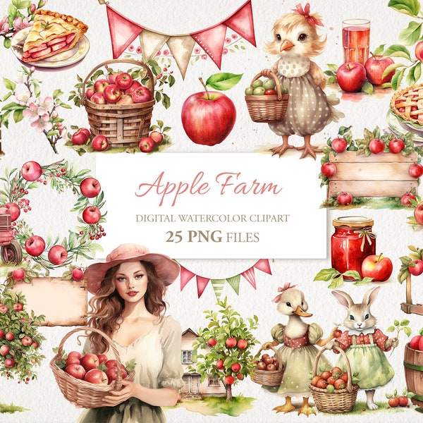 Apple Farm Summer Watercolor Clipart PNG Bundle. AI Illustration. Instant Download for Commercial Use. Junk Journal Card. 25 PACK