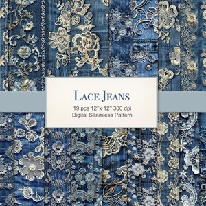 Lace Jeans Denim Floral Flowers Seamless Pattern Paper Pages. Commercial Use. Crafting, Scrapbook, Fabric, Junk Journal. 19 PACK