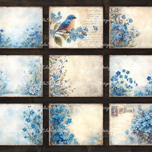 Peut inclure: Neuf papiers num&eacute;riques pour scrapbooking avec des fleurs bleues de myosotis et un oiseau bleu sur un fond vintage.