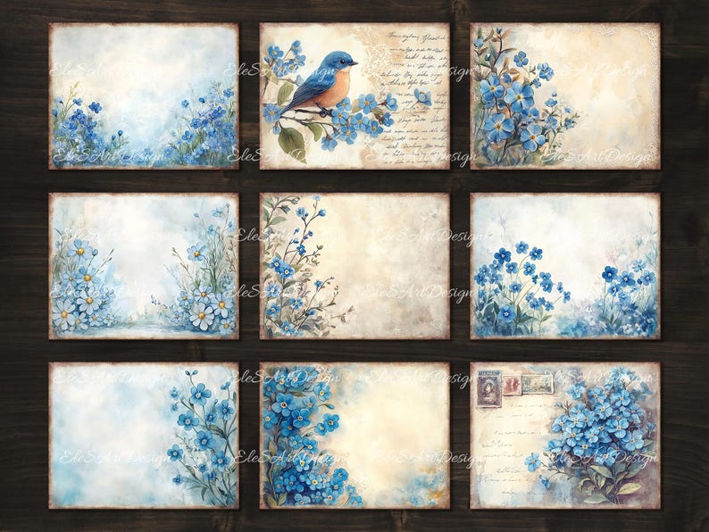 Peut inclure: Neuf papiers num&eacute;riques pour scrapbooking avec des fleurs bleues de myosotis et un oiseau bleu sur un fond vintage.