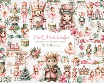 Rosa Nussknacker Ballerina Weihnachten Winter Aquarell Clipart Bundle. KI Illustration. Kommerzielle Nutzung. Sammelalbum Junk Journal Karten. 71 PNG