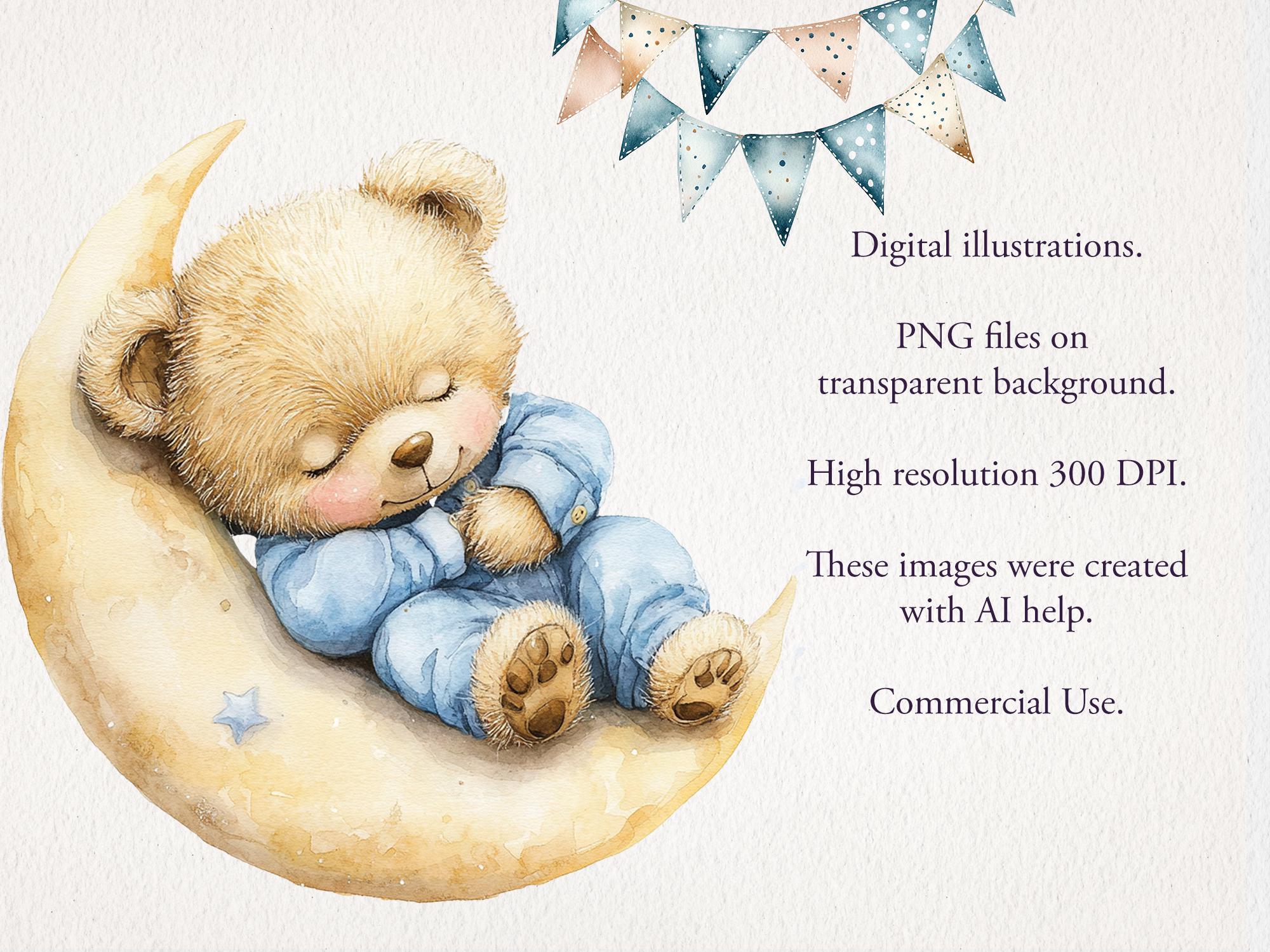 Blue Baby Teddy Bear Watercolor Clipart PNG Bundle. Children Nursery ...