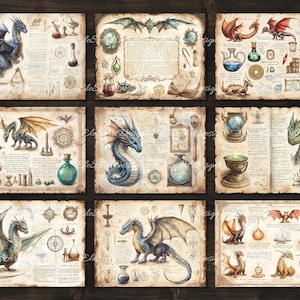 May include: Nine illustrated pages featuring dragons and magical elements. Each page has a different dragon design, including blue, green, and brown dragons. The pages are filled with intricate details, including potions, scrolls, and other magical objects.