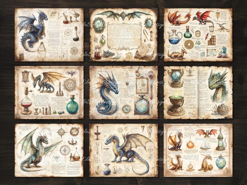 May include: Nine illustrated pages featuring dragons and magical elements. Each page has a different dragon design, including blue, green, and brown dragons. The pages are filled with intricate details, including potions, scrolls, and other magical objects.