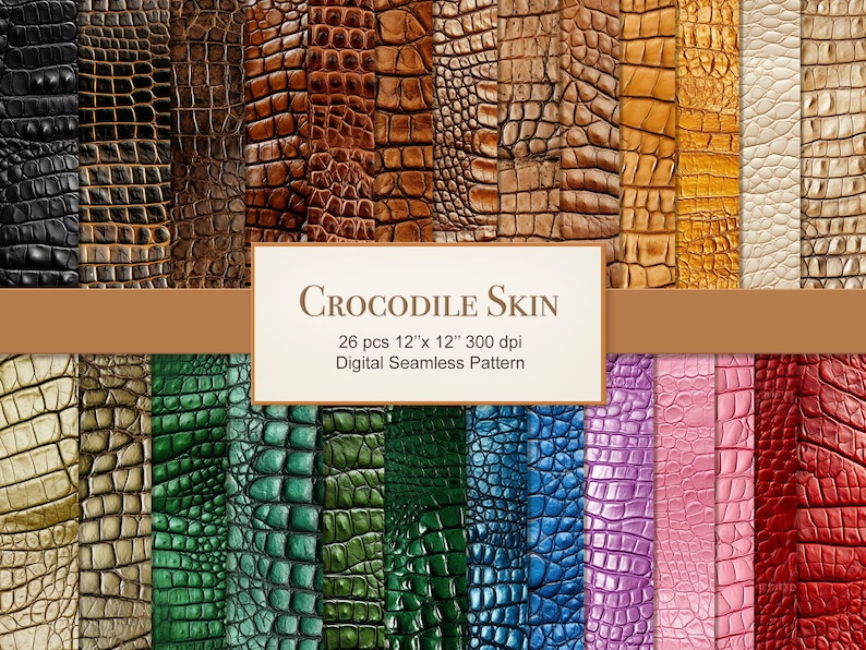 May include: 26 digital seamless patterns featuring crocodile skin textures in various colours, including black, brown, green, blue, purple, pink, and red. Each pattern is 12 inches by 12 inches and 300 dpi.