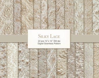 Silky Natural White Ivory Beige Embroidered Seamless Pattern. Fabric Texture Digital Bundle. Commercial Use. Scrapbook Junk Journal 22 PACK.