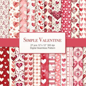 Padrão de corações de dia dos namorados sem costura. Pacote de papel para artesanato digital. Uso comercial. Artesanato, decoupage, scrapbooking, diário de lixo. PACOTE COM 27