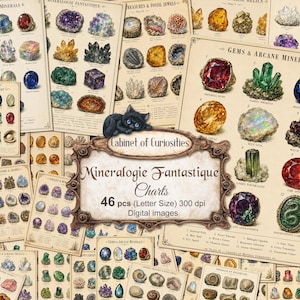 Mineralogie Fantastique-diagram, kuriosakabinett, utskrivbara magiska sidor. Digital nedladdning. 46-pack