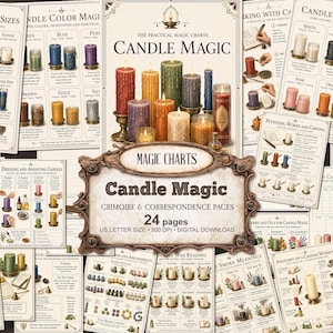 May include: A collection of 24 digital pages titled The Practical Magic Charts Candle Magic, featuring instructional text, illustrations of various candle shapes, colors, and sizes, and guides for candle dressing, carving, and wax reading.