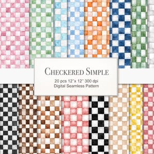 Könnte beinhalten: Eine Sammlung digitaler nahtloser Muster mit einem karierten Design in verschiedenen Farben, darunter Rosa, Grün, Blau, Orange und Schwarz. Die Muster werden in einem Rasterformat mit dem Text "CHECKERED SIMPLE" und Produktdetails angezeigt.