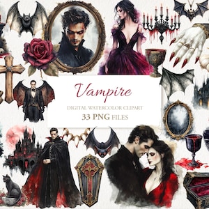 May include: A digital watercolour clipart set featuring 33 PNG files with a vampire theme. The set includes images of vampires, bats, castles, coffins, roses, and other gothic elements. The text "Vampire" and "Digital Watercolour Clipart 33 PNG Files" is included in the image.