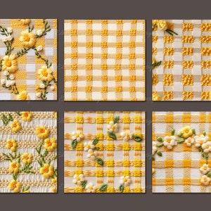 May include: Six different fabric swatches with a yellow and white gingham pattern and embroidered yellow flowers.