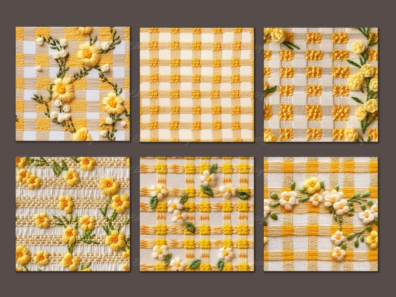 May include: Six different fabric swatches with a yellow and white gingham pattern and embroidered yellow flowers.