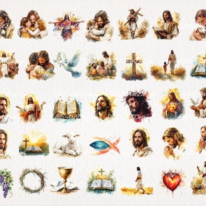 May include: A collection of watercolor illustrations depicting various scenes and symbols related to Christianity. The images feature Jesus Christ, a cross, a dove, a fish, a chalice, a crown of thorns, a heart, grapes, and a wreath.