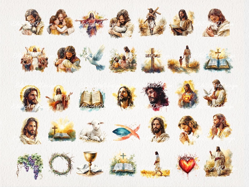 May include: A collection of watercolor illustrations depicting various scenes and symbols related to Christianity. The images feature Jesus Christ, a cross, a dove, a fish, a chalice, a crown of thorns, a heart, grapes, and a wreath.