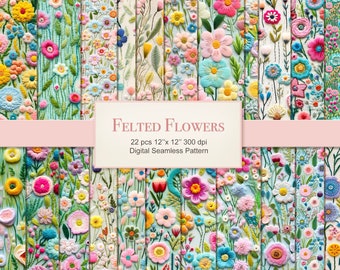 Pode incluir: Um pacote de papel digital com 22 padrões sem costura que apresentam flores de feltro coloridas sobre um fundo azul claro. O texto "FELTED FLOWERS" e "22 pcs 12" x 12" 300 dpi Digital Seamless Pattern" é exibido em uma faixa rosa.
