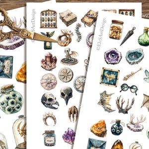 Puede incluir: Ilustraciones en acuarela de varios elementos m&iacute;sticos y g&oacute;ticos, incluyendo cristales, globos oculares, calaveras y tijeras antiguas. Las im&aacute;genes est&aacute;n dispuestas sobre papel blanco, creando un efecto de collage con una est&eacute;tica vintage.