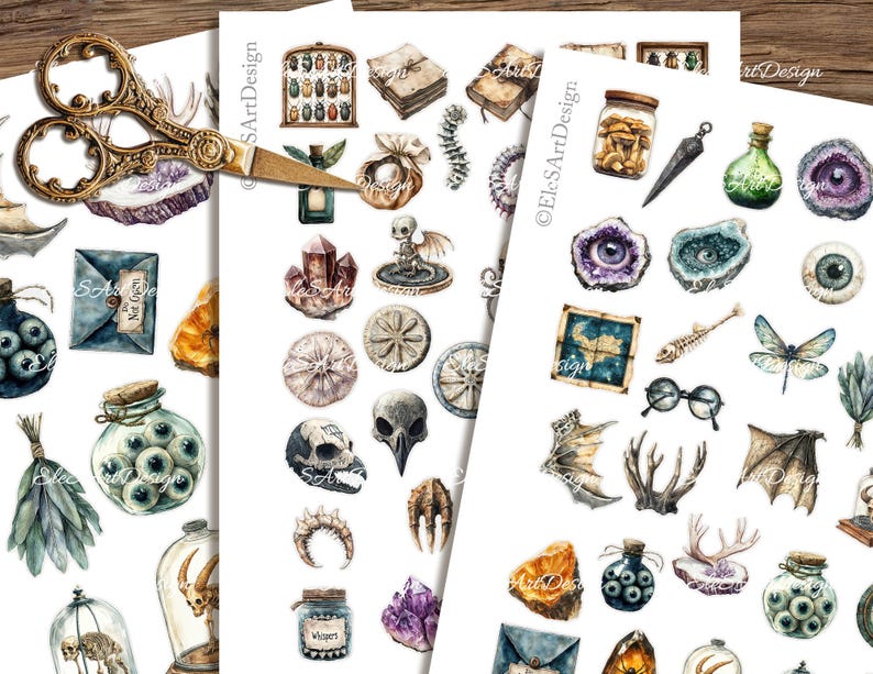 Puede incluir: Ilustraciones en acuarela de varios elementos m&iacute;sticos y g&oacute;ticos, incluyendo cristales, globos oculares, calaveras y tijeras antiguas. Las im&aacute;genes est&aacute;n dispuestas sobre papel blanco, creando un efecto de collage con una est&eacute;tica vintage.
