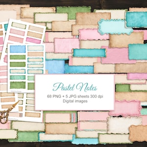 Pastelkleurige lege papieren strepen. Lijsten, labels, tags voor rommeltijdschriften, kortstondige. Digitale download, 68 png-, 5 jpg-afdrukbare collagebladen