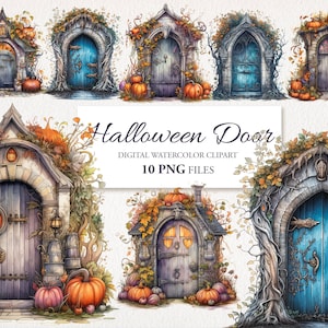 Halloween Door Watercolor Clipart PNG Bundle. Pumpkin, Witch House, Fantasy Doors.  AI Illustration. Instant Download for Commercial Use.