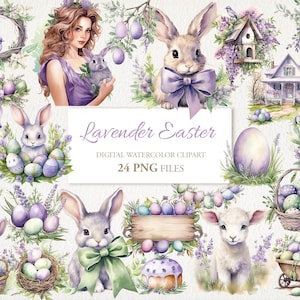 Lavendel Ostern Aquarell Clipart PNG Bundle. KI Illustration. Sofort Download für kommerzielle Nutzung. Junk Journal Karte. 24 PACK