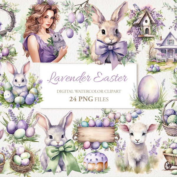 Lavender Easter Watercolor Clipart PNG Bundle. AI Illustration. Instant Download for Commercial Use. Junk Journal Card. 24 PACK