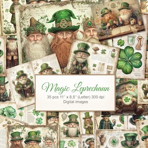 Leprechaun Magic Irish Vintage Junk Journal. Hekserijkaart afdrukbare pagina's. Boek der schaduwen, Grimoire. Digitale download. VERPAKKING VAN 35