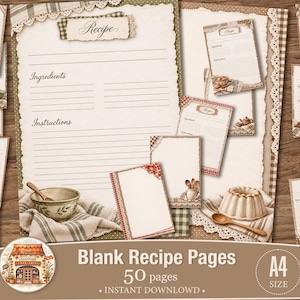 May include: A collection of printable recipe pages in A4 size featuring a cream-colored background with lined sections for ingredients and instructions. The pages are decorated with illustrations of kitchenware, including bowls, wooden spoons, and textiles, accented by lace and gingham borders. The text "Recipe," "Ingredients," and "Instructions" is printed on each page.