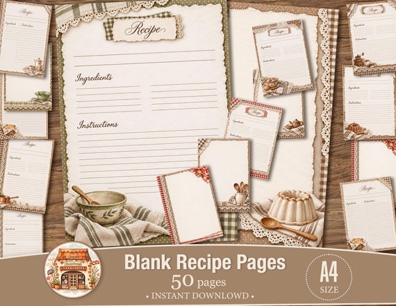 Cottagecore Blank Recipe Sheets, Vintage Kitchen Journal, Cookbook Inserts. A4 Printable Pages. 50 PACK