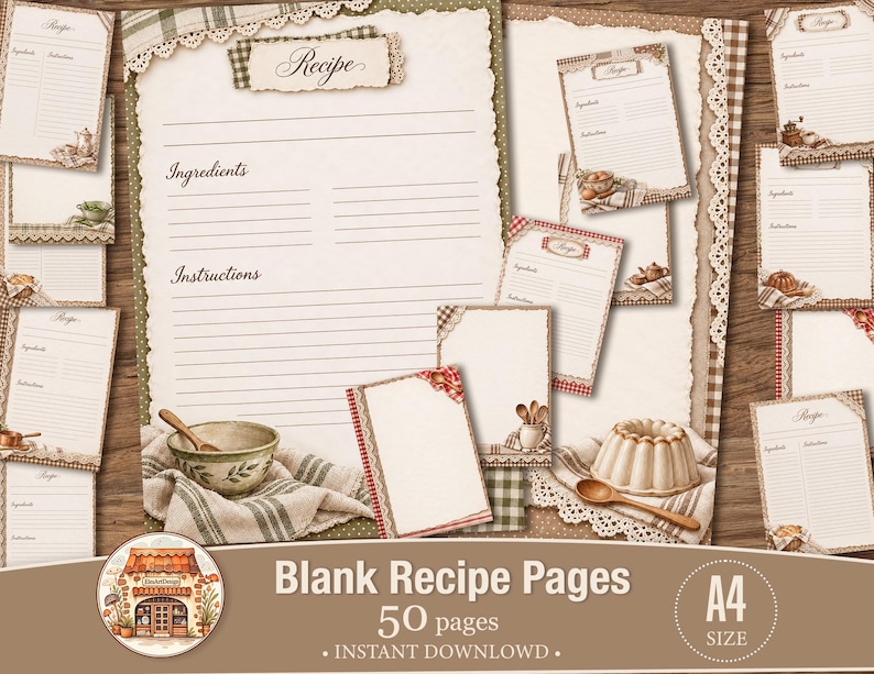 Puede incluir: Una colecci&oacute;n de p&aacute;ginas de recetas imprimibles en tama&ntilde;o A4 con un fondo color crema y secciones rayadas para ingredientes e instrucciones. Las p&aacute;ginas est&aacute;n decoradas con ilustraciones de utensilios de cocina, cuencos, cucharas de madera y textiles, acentuadas por bordes de encaje y cuadros vichy. El texto "Recipe", "Ingredients" e "Instructions" est&aacute; impreso en cada p&aacute;gina.