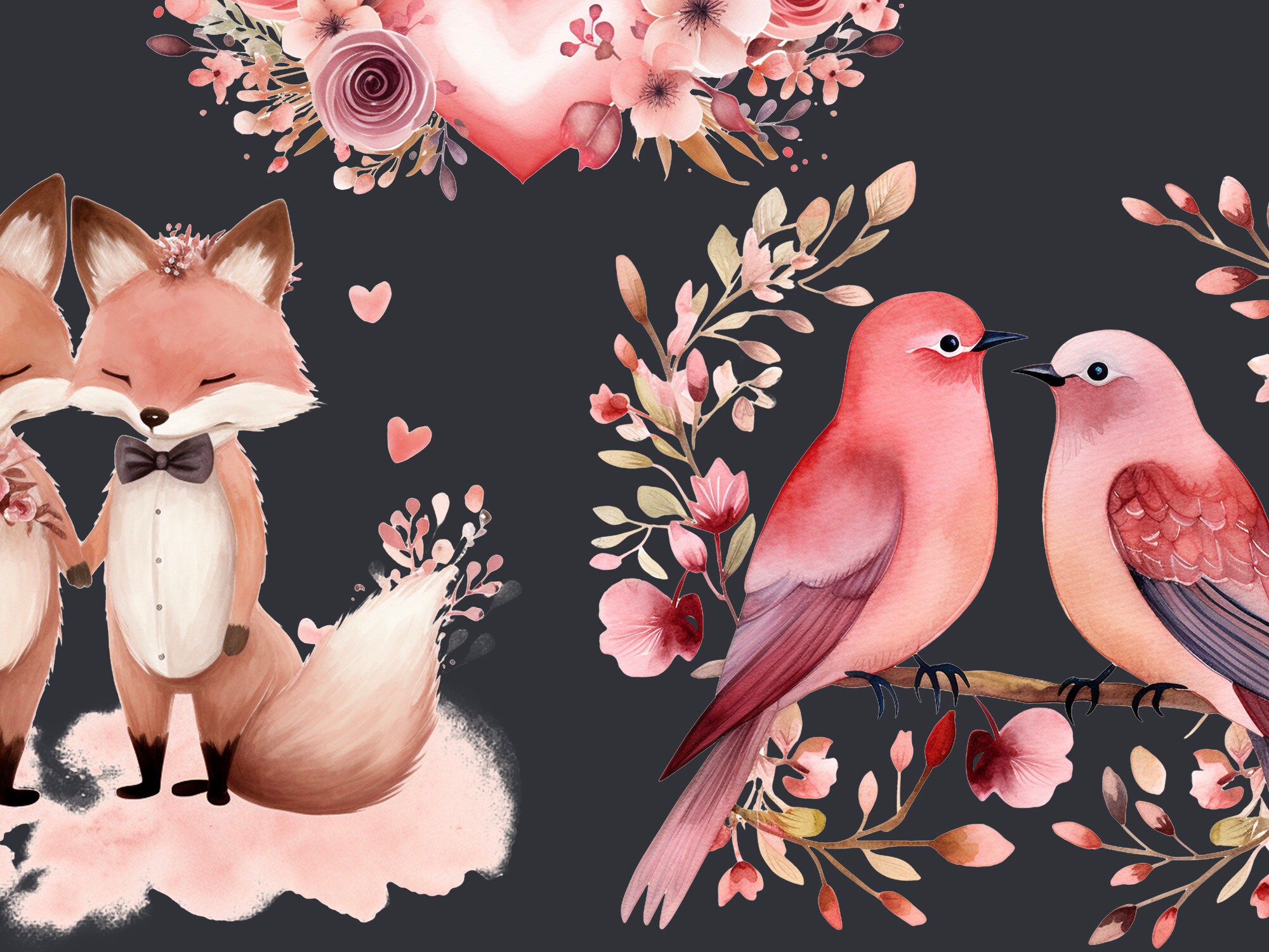 Cute Valentine Watercolor Clipart PNG Bundle. Love Animals. AI ...